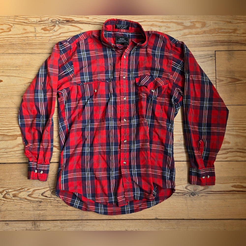 Sears Red Navy Plaid Button Up Shirt Men’s Medium 15.5